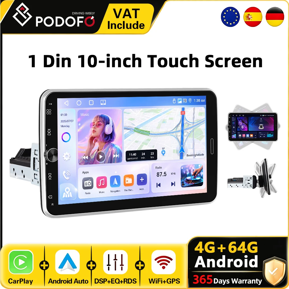 Podofo 10 Zoll 1 Din 4G+64G Android Auto-Multimedia-Player mit drehbarem Bildschirm, kabellosem CarPlay, Android Auto, Autoradio, GPS-Navigation, WLAN, Bluetooth, Head Unit, FM, RDS, Smart Car Systeme