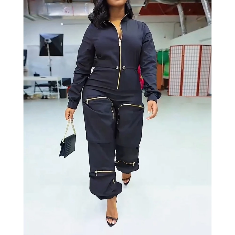 Women Casual Zipper Pocket Design Drawstring Wide Leg Cargo Jumpsuit Womens Long Sleeve Outfits Summer Out Street wear