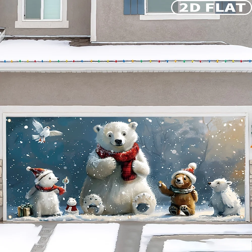 1count Christmas Polar Bear And Friends Garage Door Banner, Large 157x71 Inch Polyester Festive Decoration, Xmas Decoration