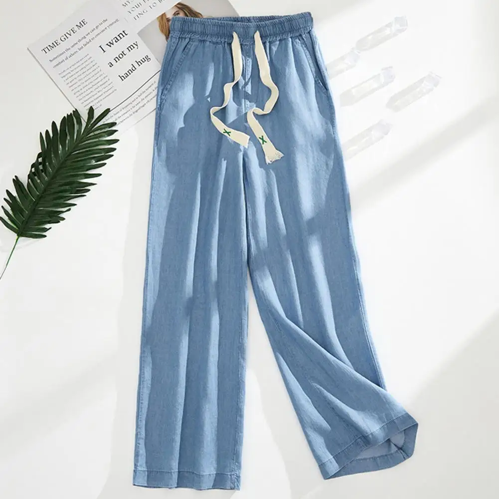 Women Trouser Super Soft High Waist Solid Color Breathable Fine Texture Decorative Lightweight Summer Women Straight Baggy Denim