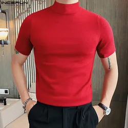 Men Casual T Shirt Solid Color Turtleneck Short Sleeve Streetwear Camiseta Masculina 2023 Fitness Stylish Tee Tops S-5XL INCERUN