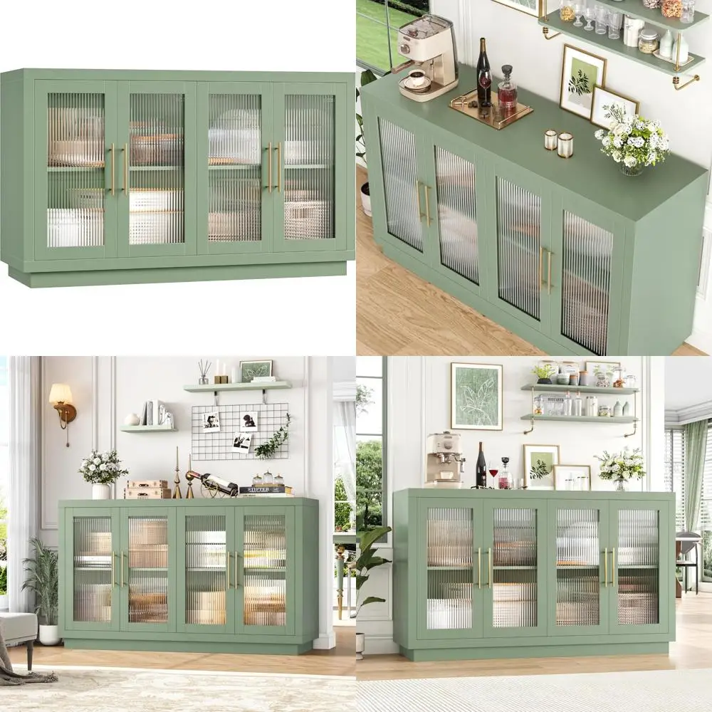 Large Modern Sideboard Cabinet with 4 Fluted Glass Doors, Kitchen Storage Buffet, 55.1 Wide, Contemporary Dining Room Furniture