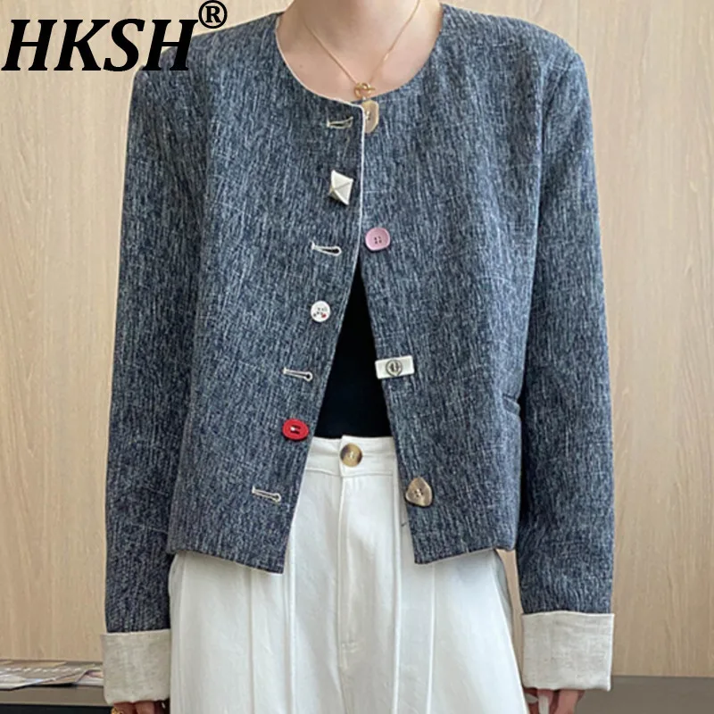 

HKSH Spring Autumn New Women Tide Jacket Chic Special-shaped Button Rolled Cuff Short Coat Elegant Fashion Design O-neck HK12652