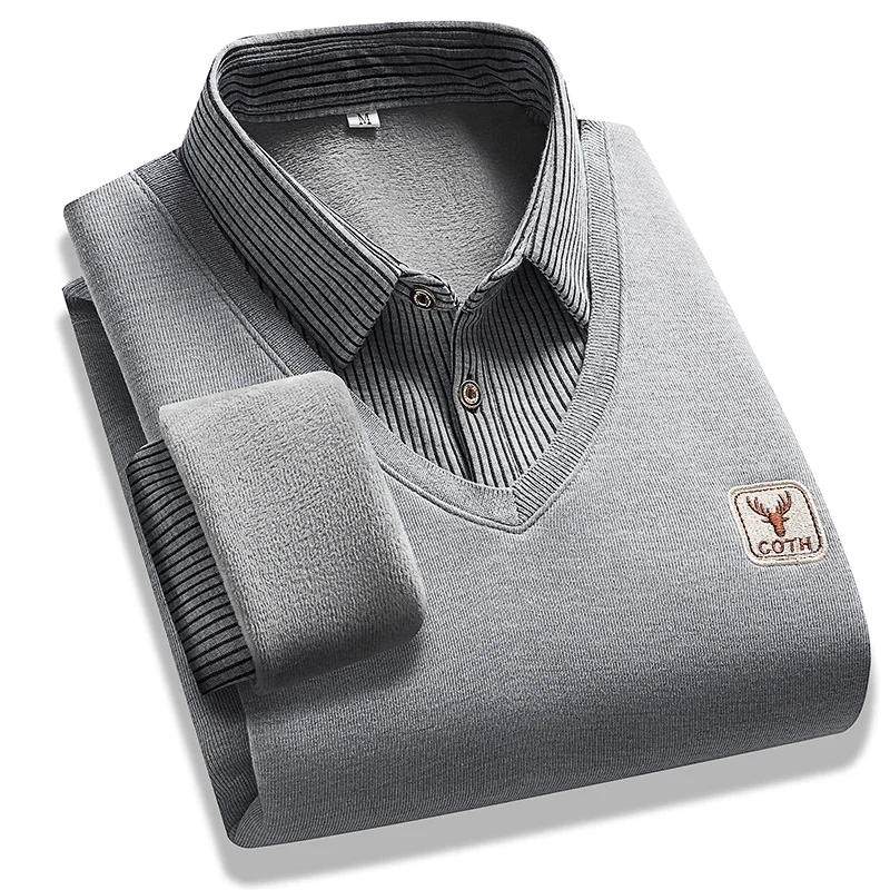 Winter Thermal Faux Vest Knitwear Male Striped Turn Down Collar V Neck Ribbing Casual Long Sleeve Outer Pullover
