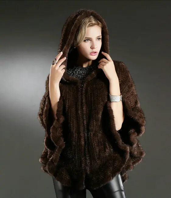 2021 New Genuine Mink Fur Shawl Knitted Real Mink Fur Poncho For Women Natural Fur Warp With Hood Winter Mink Fur Jacket