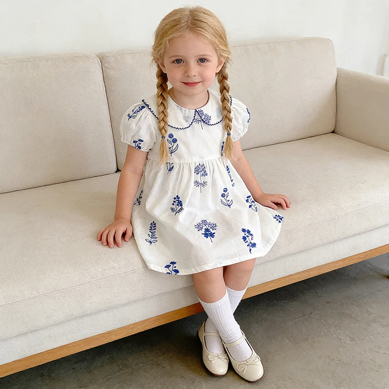Sommer Neuer Stil 2-6 Jahre Mädchenkleid Kurzarm Babykleidung Kinderkleid Koreanisches Besticktes Mädchen Retro Schwesterkleid – Detail 15