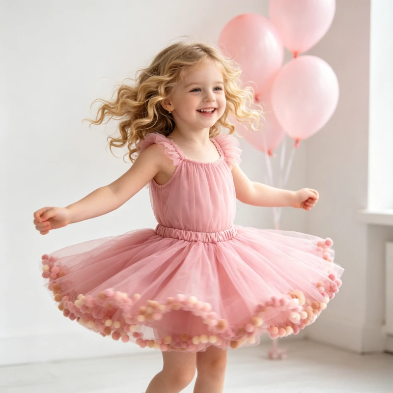 

Tulle Tutu Skirt with Pom Poms and Flowers Elastic Waist Skirt for Birthday Party Ballet Dance Daily Wear Ballet Skirt 2-12Y