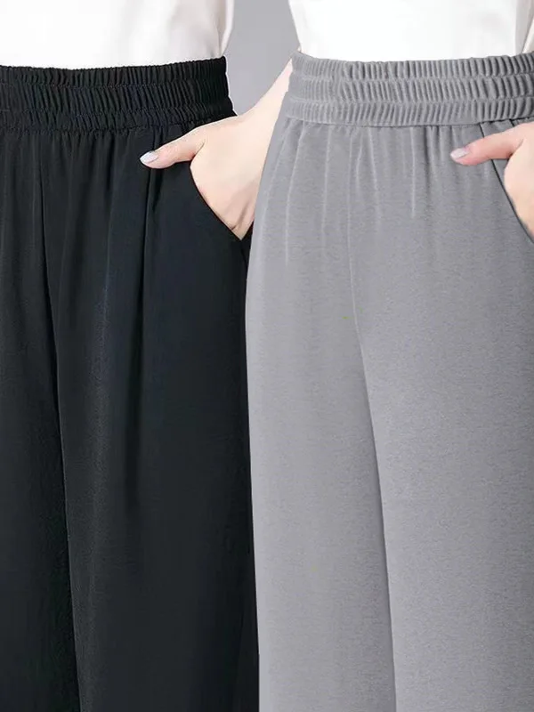 

High Waist Wide Leg Pants Women's Ice Silk Loose Fit Nine Point Pants Mid-aged And Elderly Summer New Style Casual Trousers