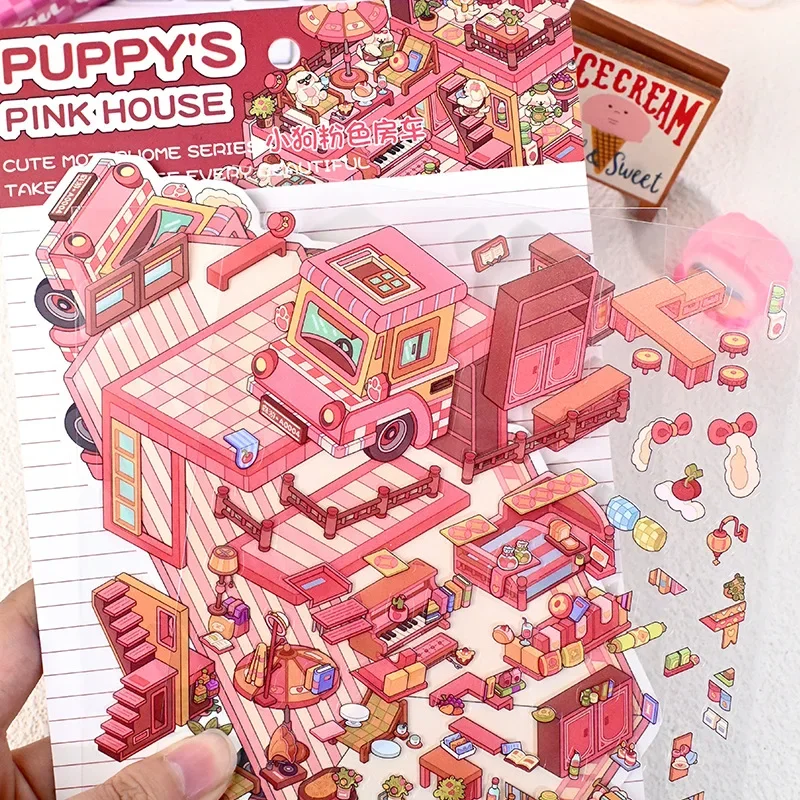 Cute Cartoon Forest Animals RV 3D Landscaping Sticker Fun High Playability Kids DIY Stacked PET Decals Micro-scene Decoration