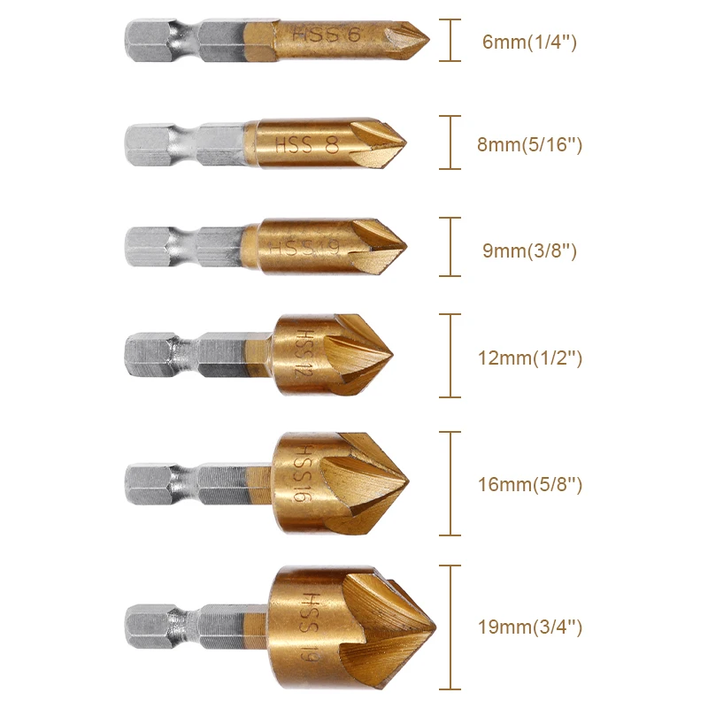 6PCS Counter Sink Drill Bit Set 1/4'' Hex Shank HSS 5 Flute Countersink 90 Degree Wood Chamfering Cutter Chamfer 6mm-19