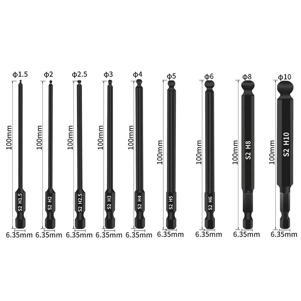 Convenient 100mm Ball End Hex Bit Set Magnetic Ball Head Screwdriver Bit 1/4 Inch Hex Shank 9 Sizes for Easy Adjustment