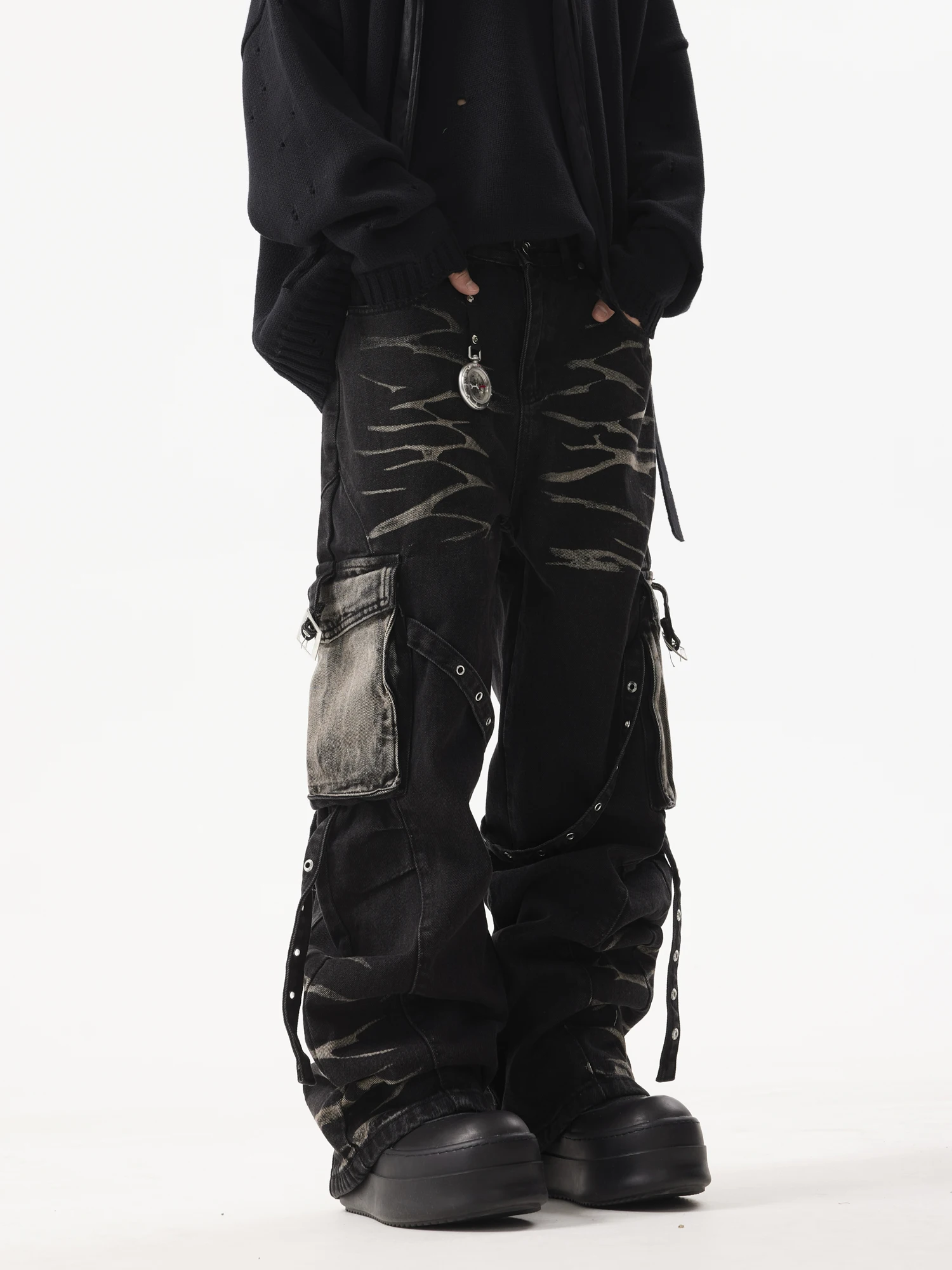 American Retro Corrugated Multi-Pocket Lace-up Jeans Special-Interest Design Heavy Industry Loose Straight Cargo Trousers