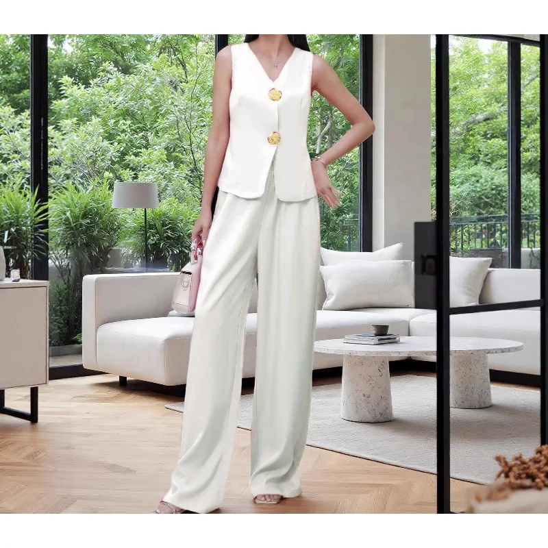 

Элегантные топы на бретелях, комплекты из двух предметов, женская уличная одежда, однотонный жилет без рукавов с v-образным вырезом, широкие брюки с высокой талией, костюмы, лето 2024, новинка