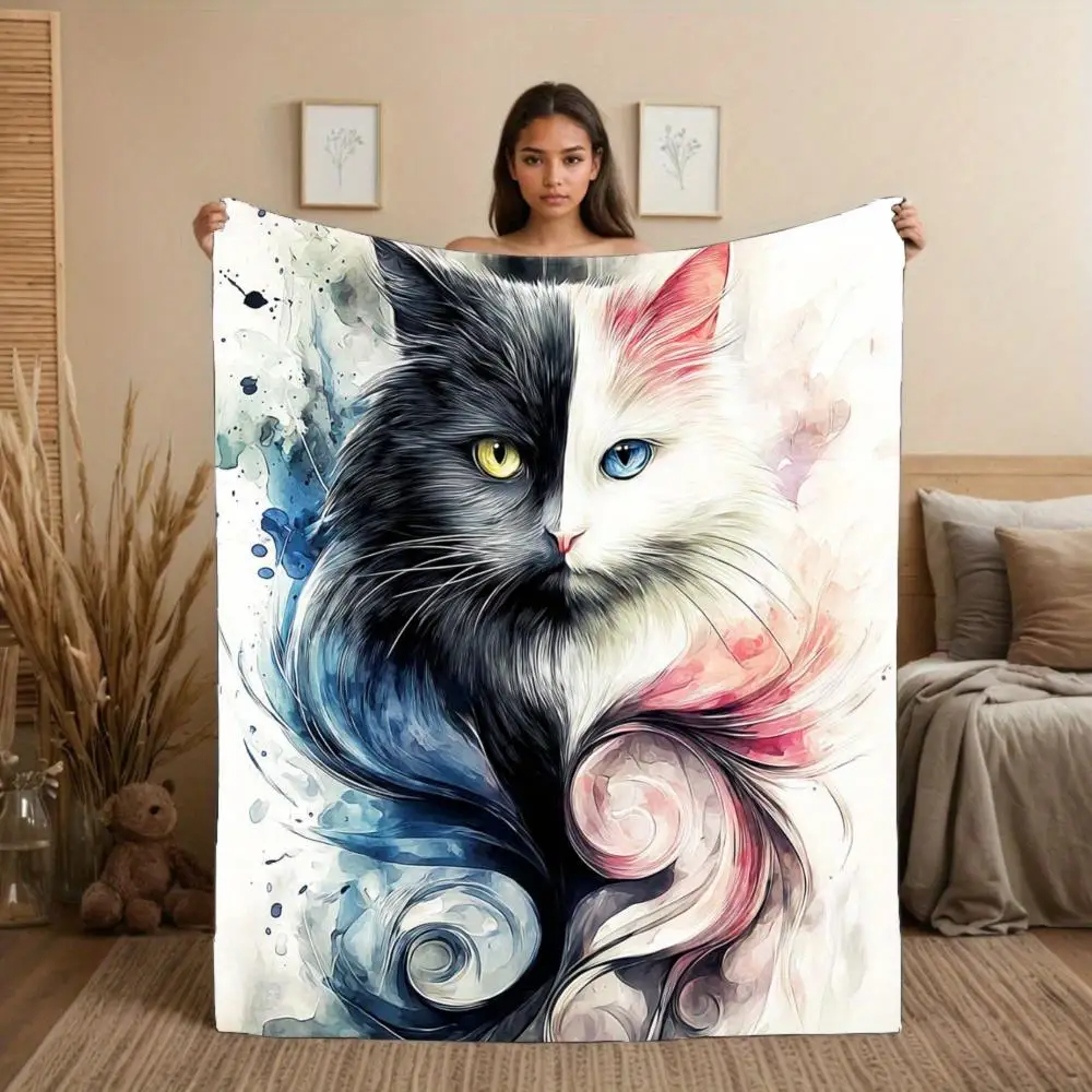 Black and white yin-yang symbol cat Flannel printed blanket suitable for all seasons suitable for living room office sofa travel
