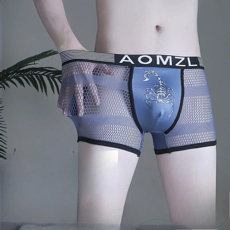 3Pcs Men Panties Ice Silk Thin Mesh Boxers Shorts Breathable Sexy Hollow Out Patchwork Mens Underwear See-through Boxer
