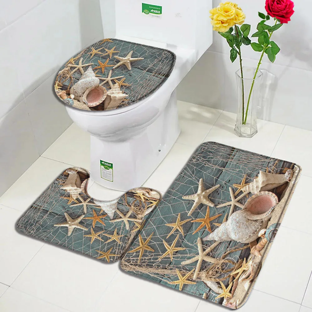 Mediterranean Bath Mat Set Blue Wooden Panel Starfish Conch Beach Carpet Home Bathroom Decoration Non-slip Rugs Toilet Lid Cover