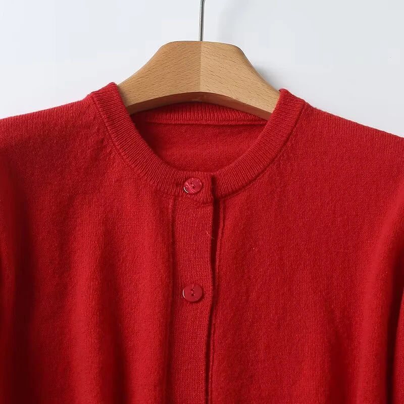 Spring 2024 Women Red Knit Cardigan Long Sleeve O Neck Front Button Female Sweater Coat