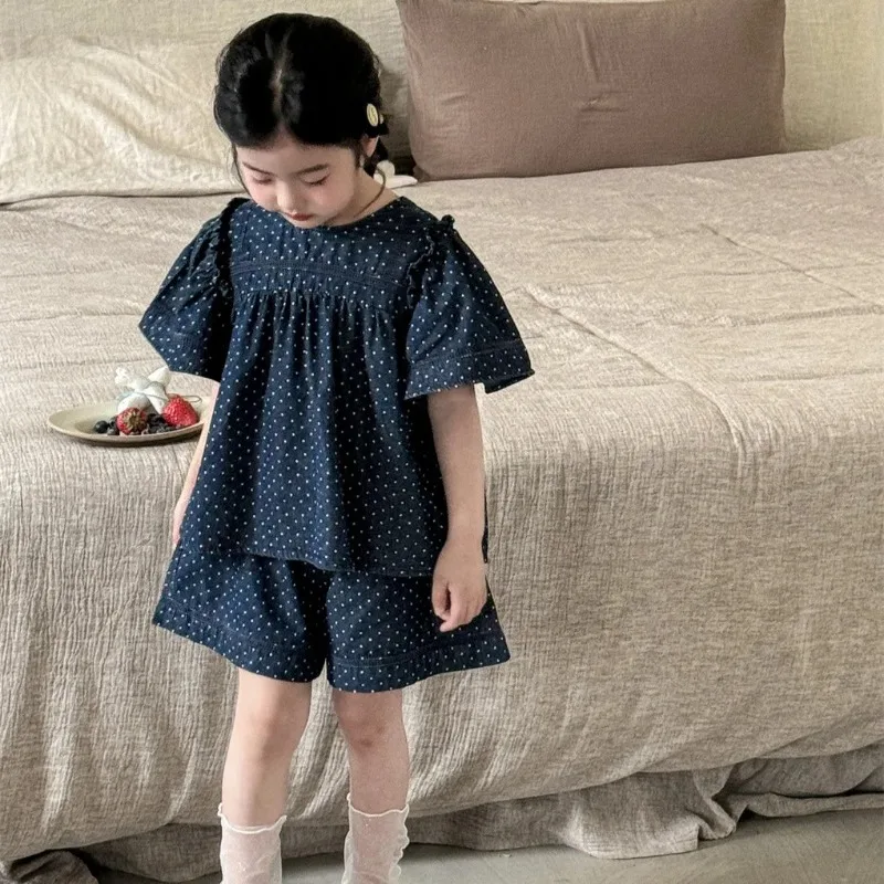 

2025 Wave Point Denim Set Summer New Korean Fashion All-match Simple Casual Cute Loose Vintage Dot Denim Two Piece Set