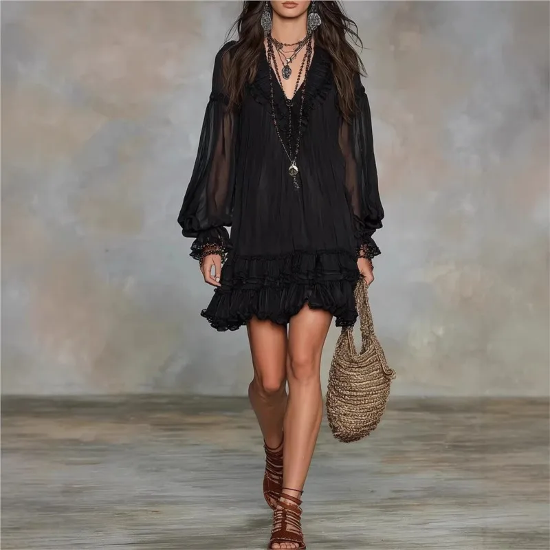 Bohemia Mini Dress V Neck Mesh Sheer Long Puff Sleeve Ruffle Hem Stringy Selvedge Ruffled Loose Flowy Summer Casual Vacation