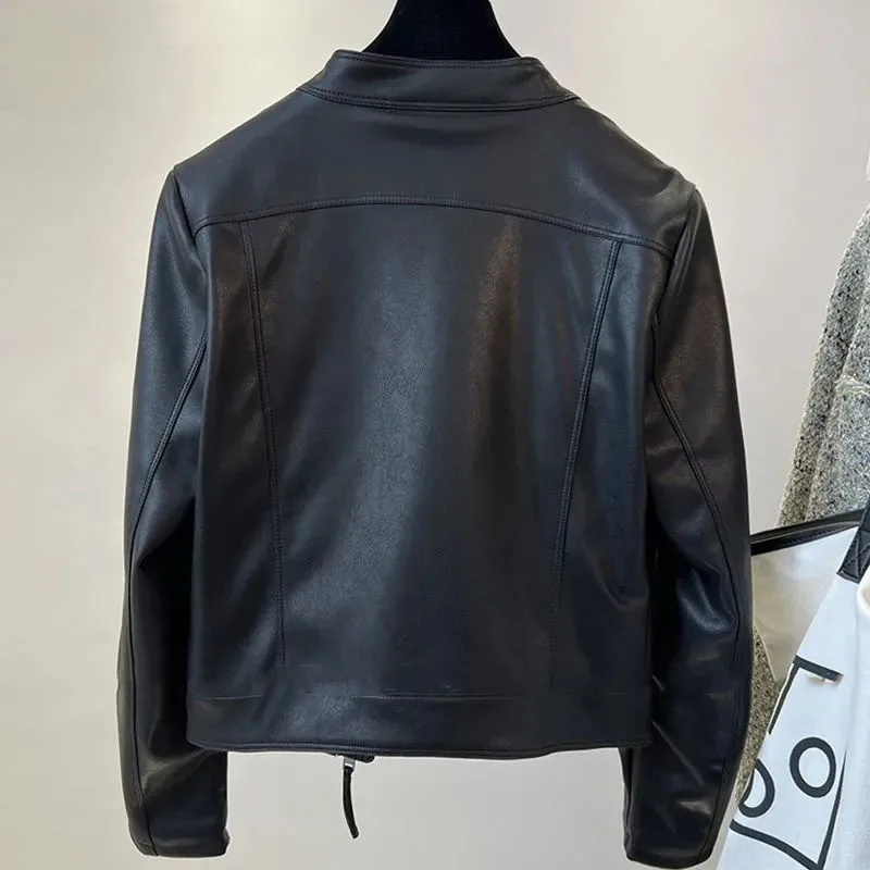 Veste en cuir PU à col montant pour femme coréenne, manteau en Faux cuir à manches longues, haut court en cuir, printemps-automne, 2025