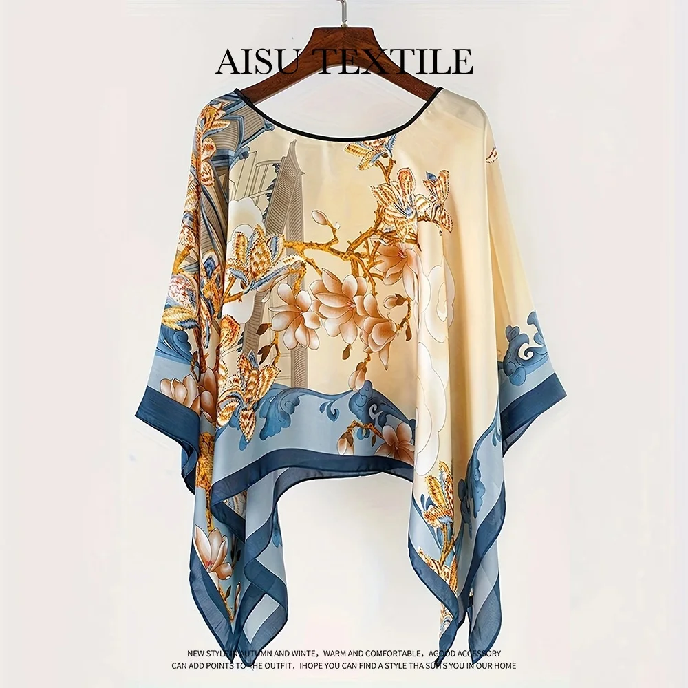 Loose Fit Poncho Cloak Thin Scarf Printed Comfortable Simulated Silk Pullover Sun Protection Polyester Versatile Scarves Summer