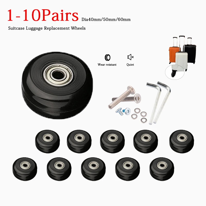 

1-10Pairs Black Luggage Suitcase Replacement Wheels Password box Repair OD 37/40/45/48/50/54/60mm Axles Deluxe Black With Screw