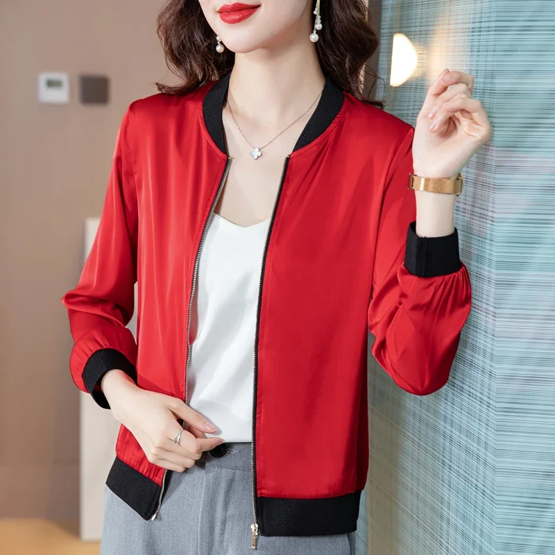 Korean Summer Silk Jacket Women Long Sleeve Solid Bomber Jacket Woman Casual Female Thin Baseball Zipper Red Coat Outwear Z665