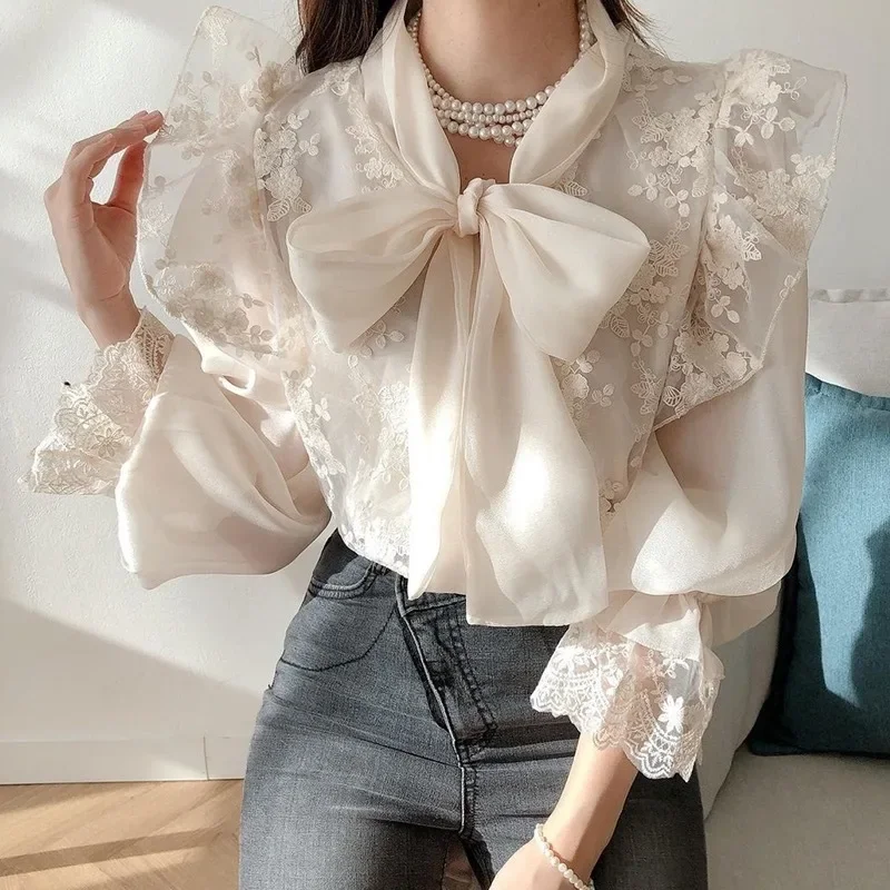 Lace bow shirt female 2024 early autumn new Korean fashion temperament slim casual Joker high waist top. white shirt women