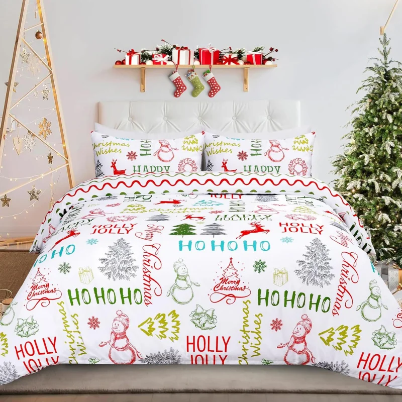 

Christmas Duvet Cover Queen Size 3 Pieces Snowman Christmass Tree Duvet Cover Set with 2 Pillow Shams