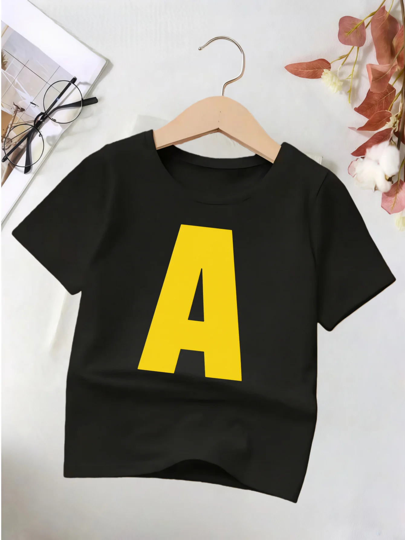 Kids Bold Yellow Letter A Minimalist Graphic Tee Boys Girls Family Matching Short Sleeve Basic Daily Casual Everyday T Shirt
