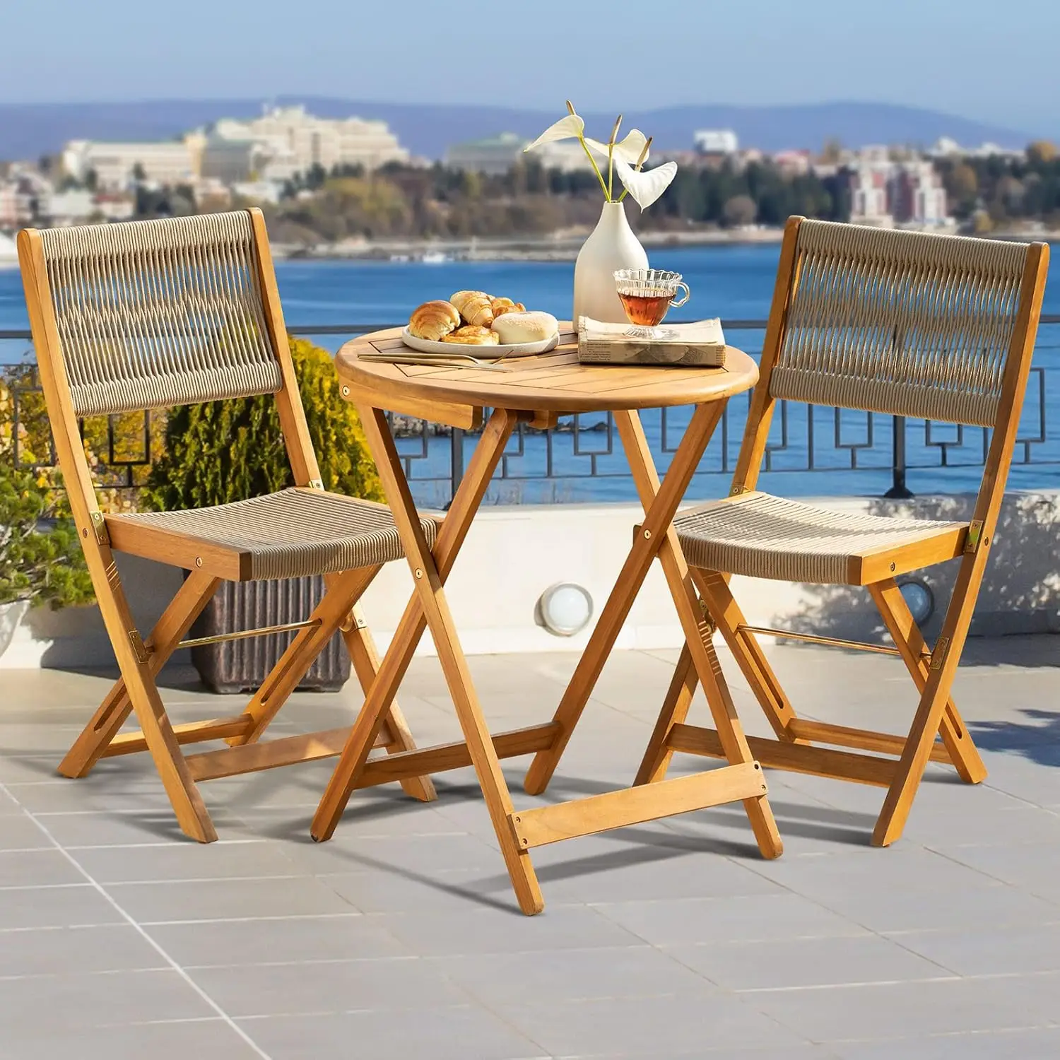 Outdoor Patio Bistro Set, Cadeiras dobráveis com corda de madeira elegante, Design bege, Heavy Duty, 400lbs Capacidade, 3 pcs