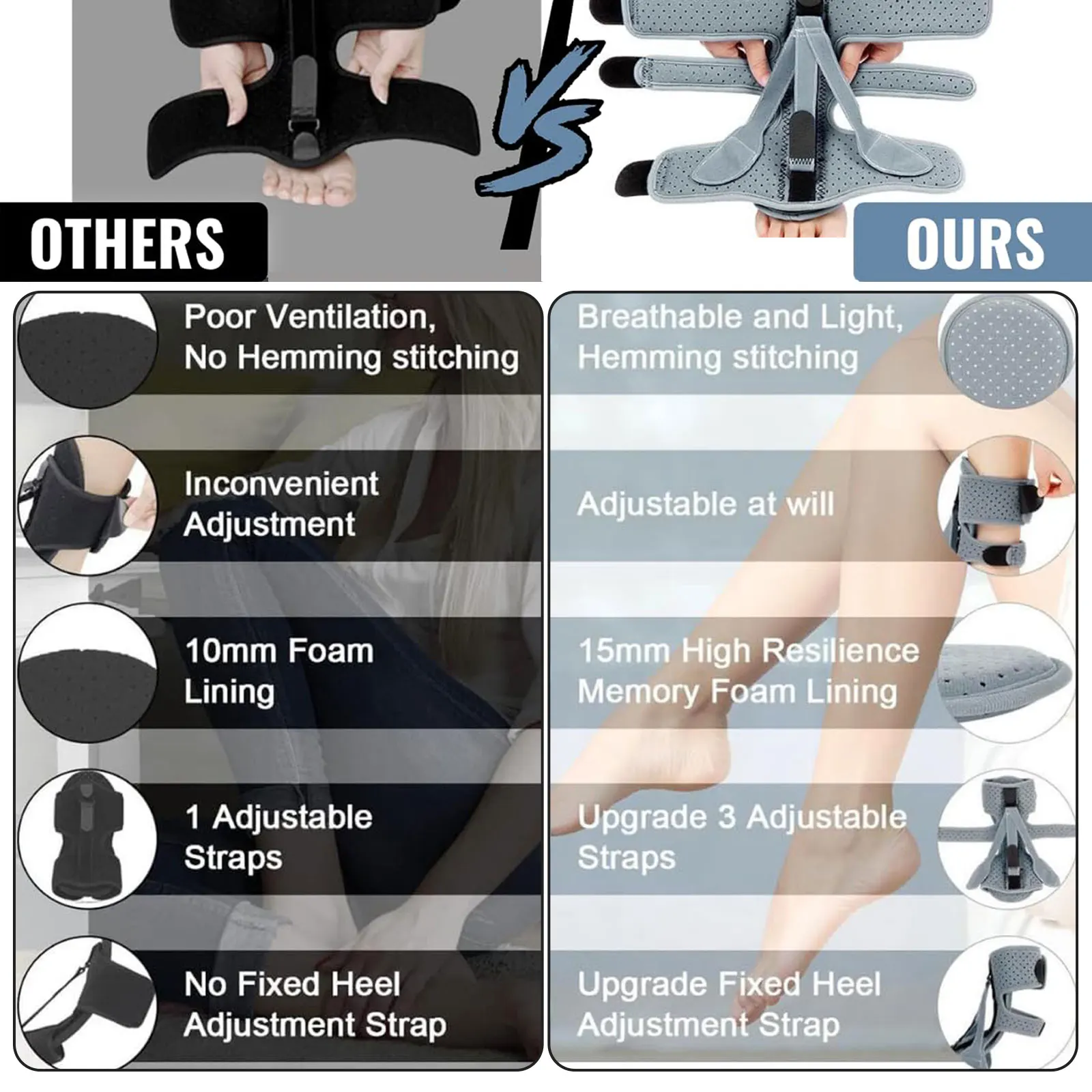 Plantar Fasciitis Night Splint Adjustable Foot Drop Orthotic Brace Breathable Night Splint with Massage Ball for Easing Pains