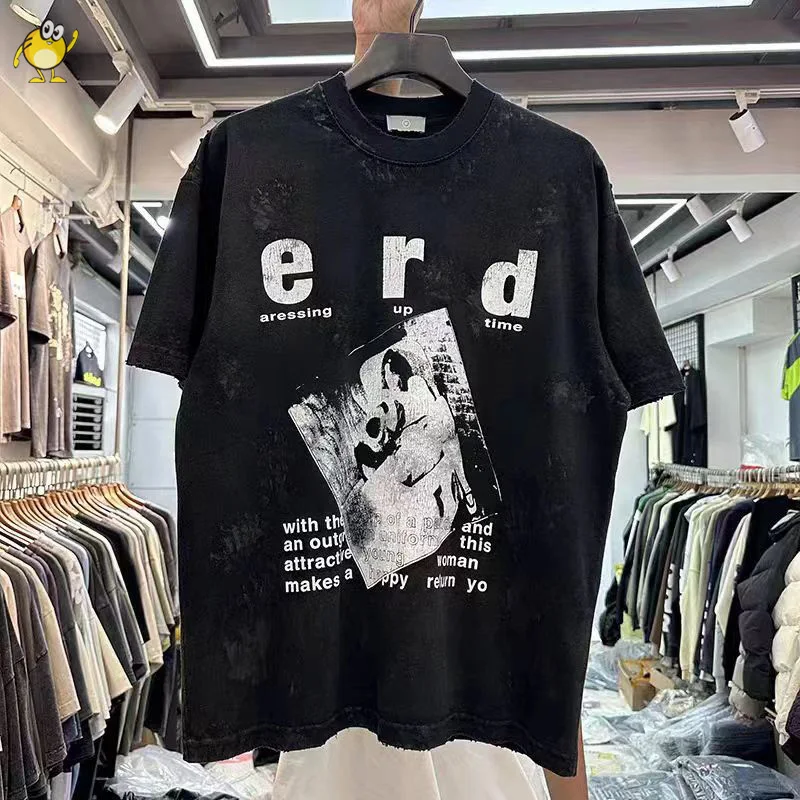 

High Street Graffiti Heavy Fabric Damaged ERD T-shirt Men Woman Oversized Streetwear Fashion Casual Cotton O-Neck Top