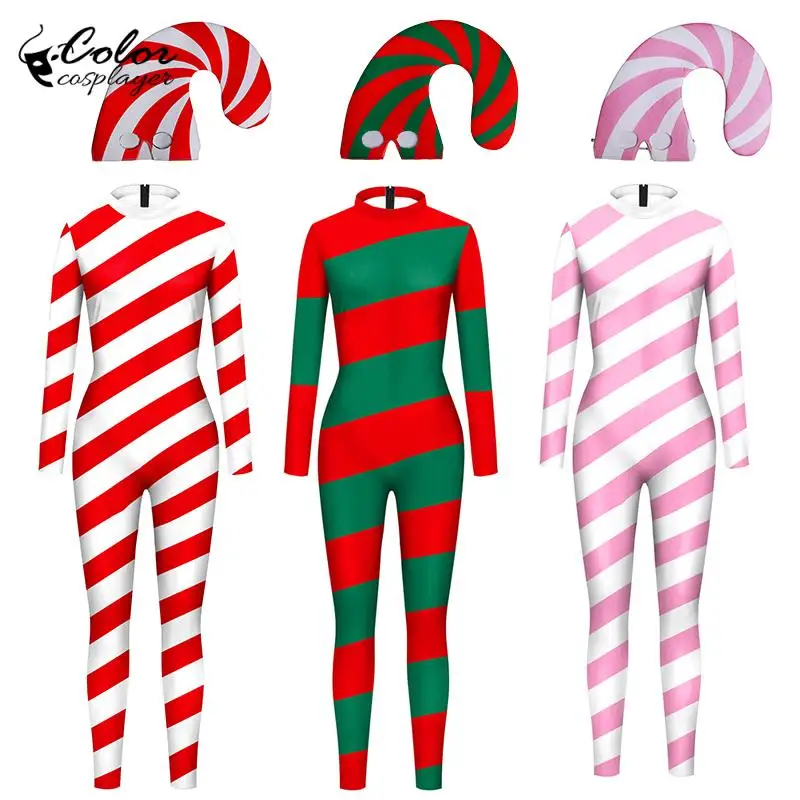 

Color Cosplayer Candy Cane Bodysuit Red Stripe Cosplay Costume Christmas Outfit Festival Bodysuit Xmas Party Hat Couple Suit