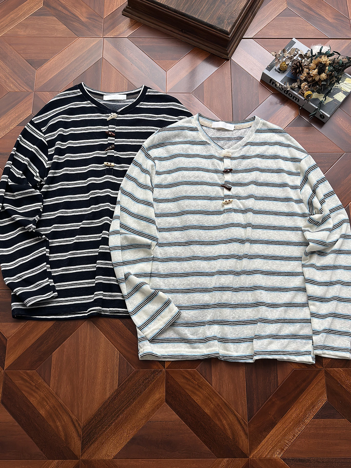 Autumnal Loose Fit Long Sleeve T-Shirt Men's American Retro Lazy Versatile Button-Up Base Layer Shirt Striped Color Block Hen...