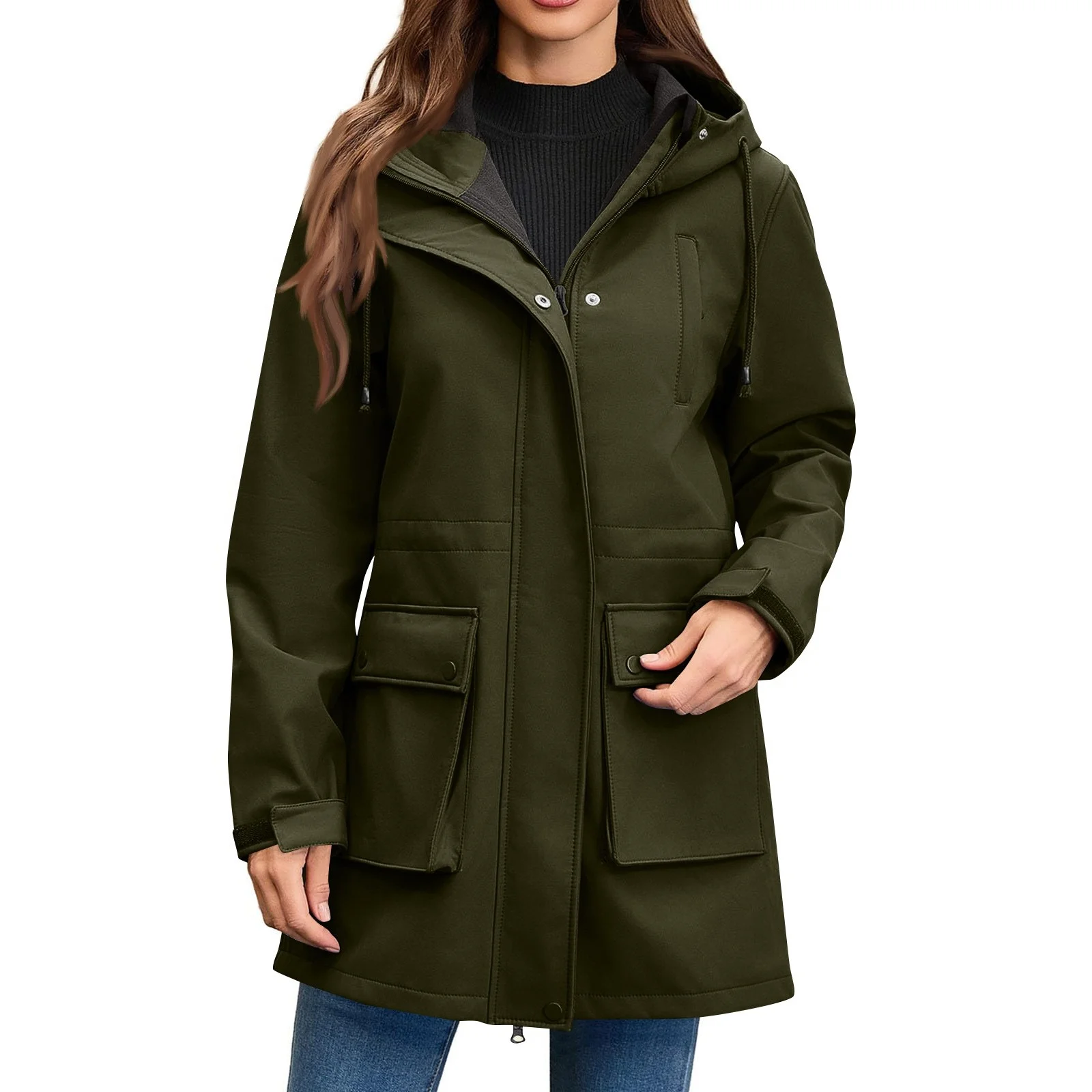 Women Casual Solid Zipper Coat Streetwear Long Sleeve Hooded Pocket Loose Windbreak Women's Zip Up Drawstring Rain Jacket Tops ﻿ view 2