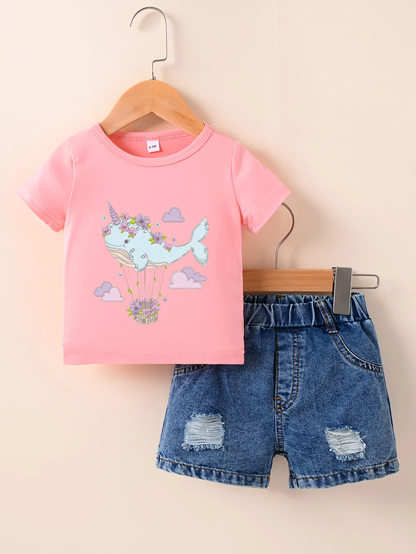 New Boys and Girls Short sleeved Pink T-shirt Round Neck Pullover+Denim shorts set