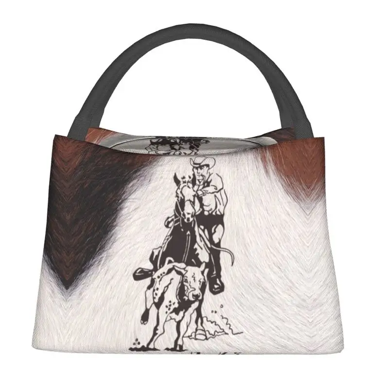 Western Cowboy Rodeo Horse Cowhide Roping Cow Thermal Insulated Lunch Bags Lunch Tote for Outdoor Camping Travel Meal Food Box