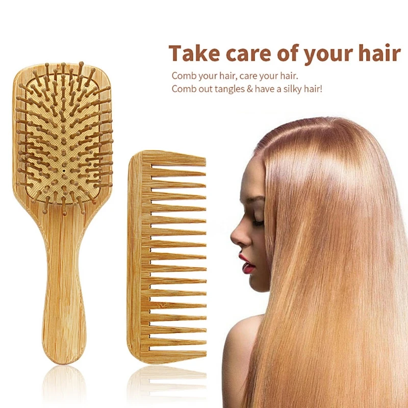 3Pcs Bamboo Hair Brush Combs Set for Women Men Kids Wet Dry Long Short Hairs