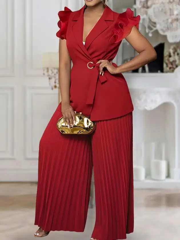 

Fashionable two-piece set with pleated sleeves and waistband details, sports jacket and casual wide leg pleated pants set