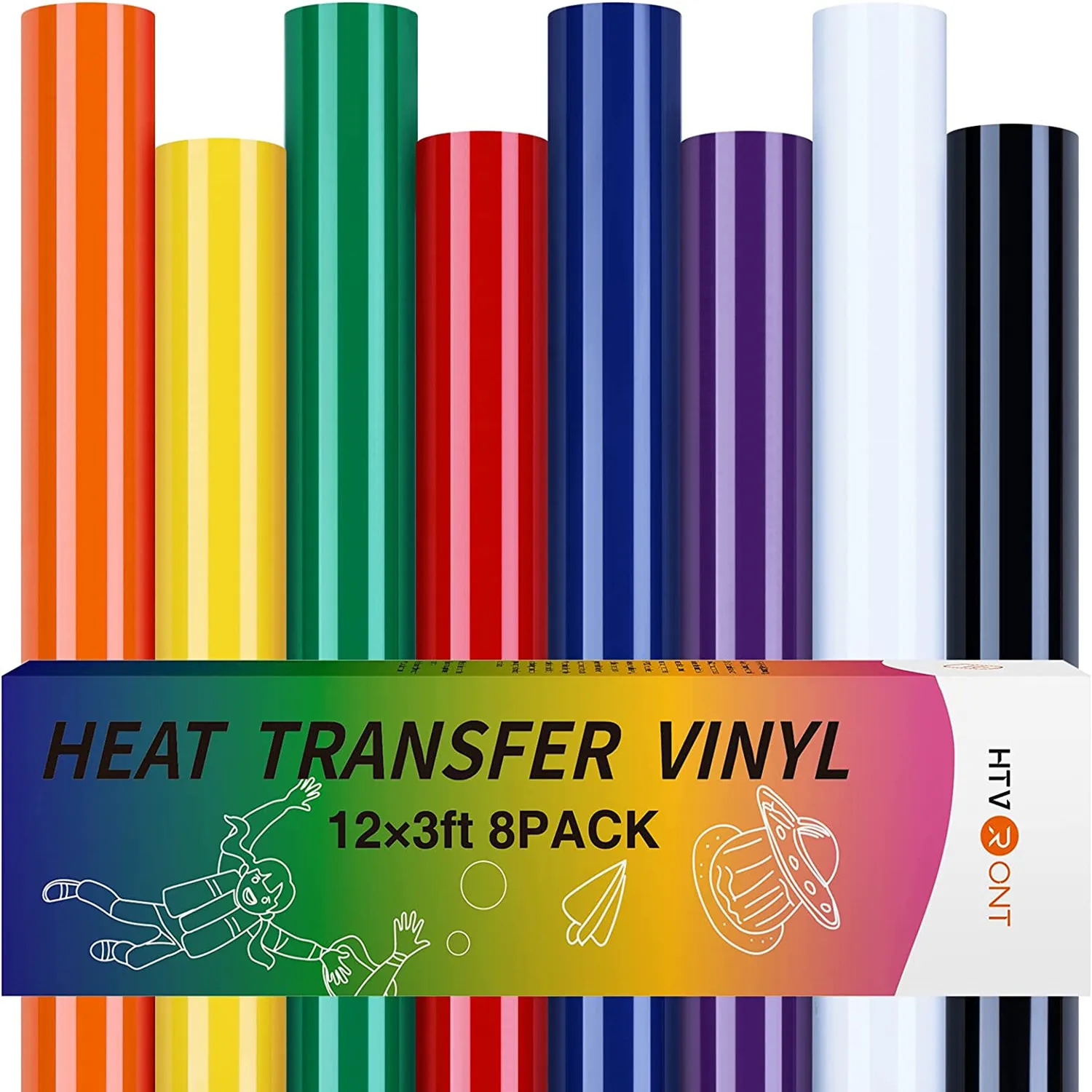 HTVRONT 8 Pack 12X3ft Multi-Color Heat Transfer Vinyl Rolls for T-shirt Printing DIY Iron on PU HTV Film Easy to Cut Weed