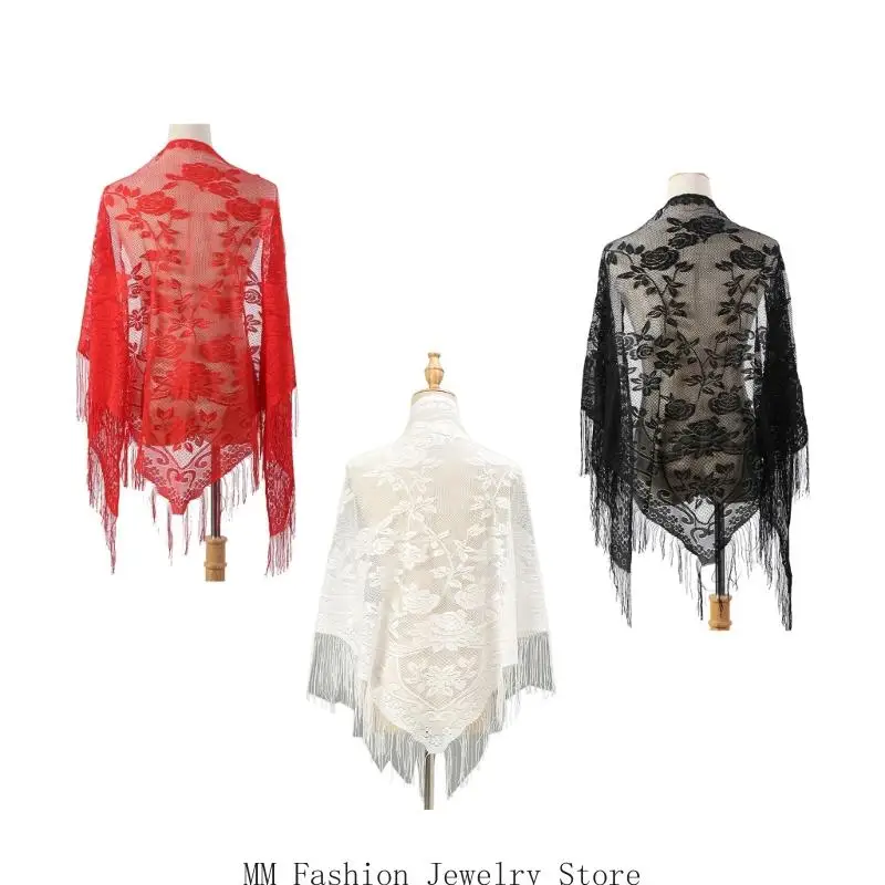 

D0UB Summer Lace Shawl Wrap with Tassels Triangular Cover Up for Casual Formal Event
