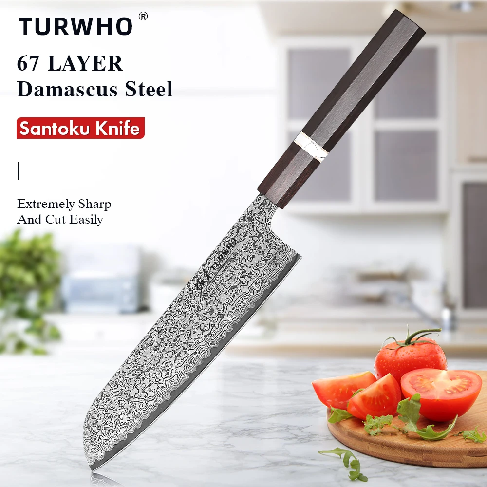 

TURWHO 7" Japanese Santoku Knife Hand Forged 67 Layer Real Damascus Steel Chef Knives Kitchen Slicer Meat Cleaver Cooking Tools