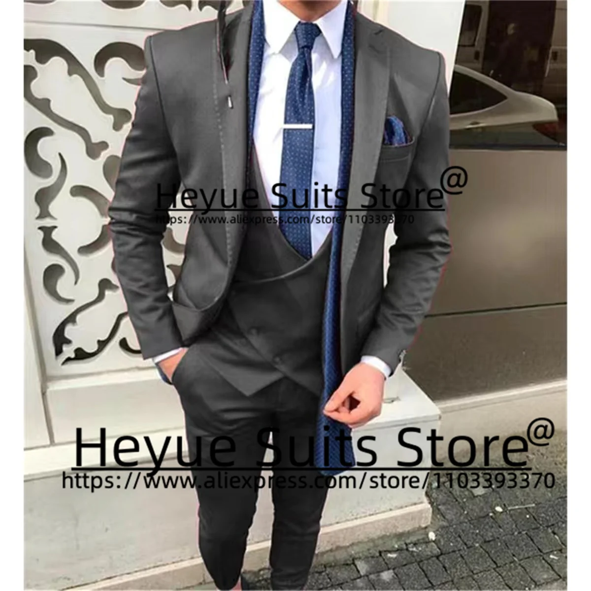 Business Black Wedding Suits For Men Slim Fit Notched Lapel Groom Tuxedos 3 Pieces Sets Custom Bias Breasted Vest Costume Homme