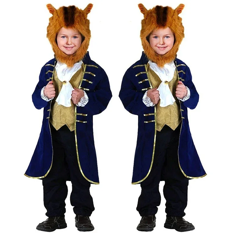 Kids Beauty The Beast Cosplay Costume for Child Disney Prince Adam Cosplay Uniform Clothes Hat Suit Halloween Party Costumes