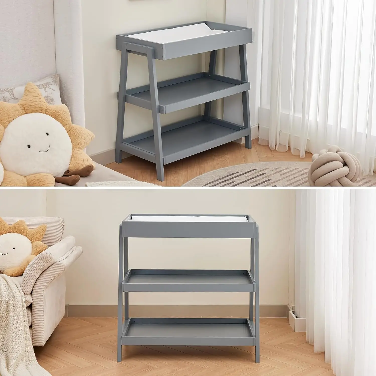 Baby Changing Table Portable Infant Diaper Changing Table with Waterproof Pad Wood Diaper Station with 2 Storage Shelves