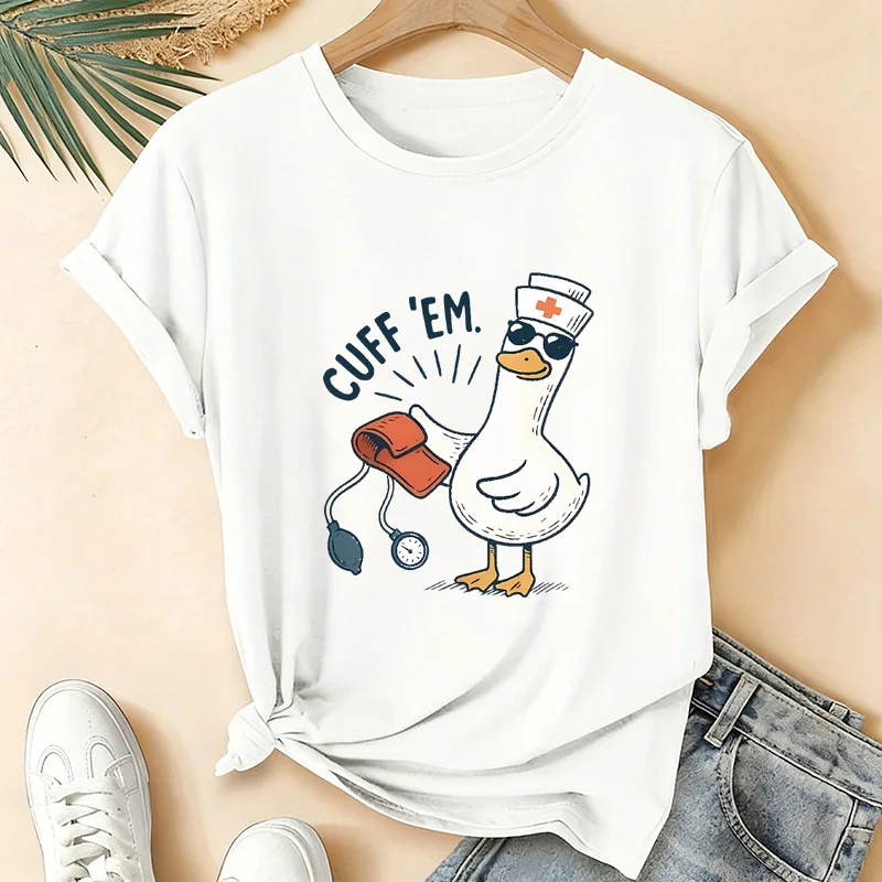 Cute Nurse Duck Cuff Em Medical Stethoscope Quote Art Print Graphic Womens T Shirt Short Sleeve Crew Neck Casual Ladies Tee Tops
