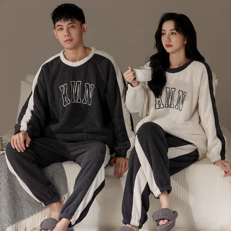 

2025 Winter Couple Long Sleeve Thick Warm Flannel Pajama Sets For Men Korean Loose Sleepwear Pyjama Women Homewear Home Clothes