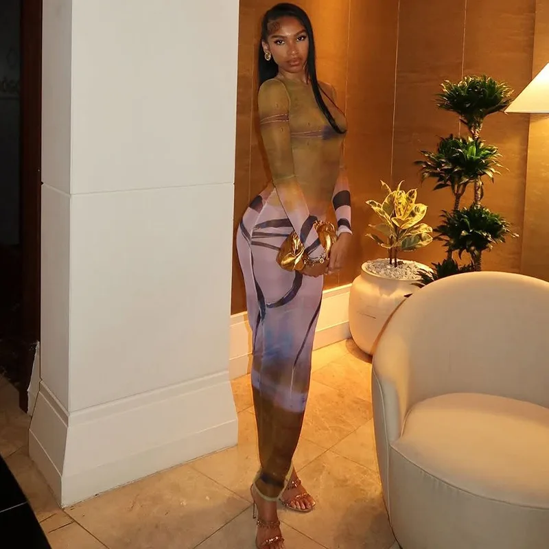 Feminino estilo retro impressão gola alta manga longa sem costas quadris embrulhado vestido longo, gaze emendada leve perspectiva, sexy