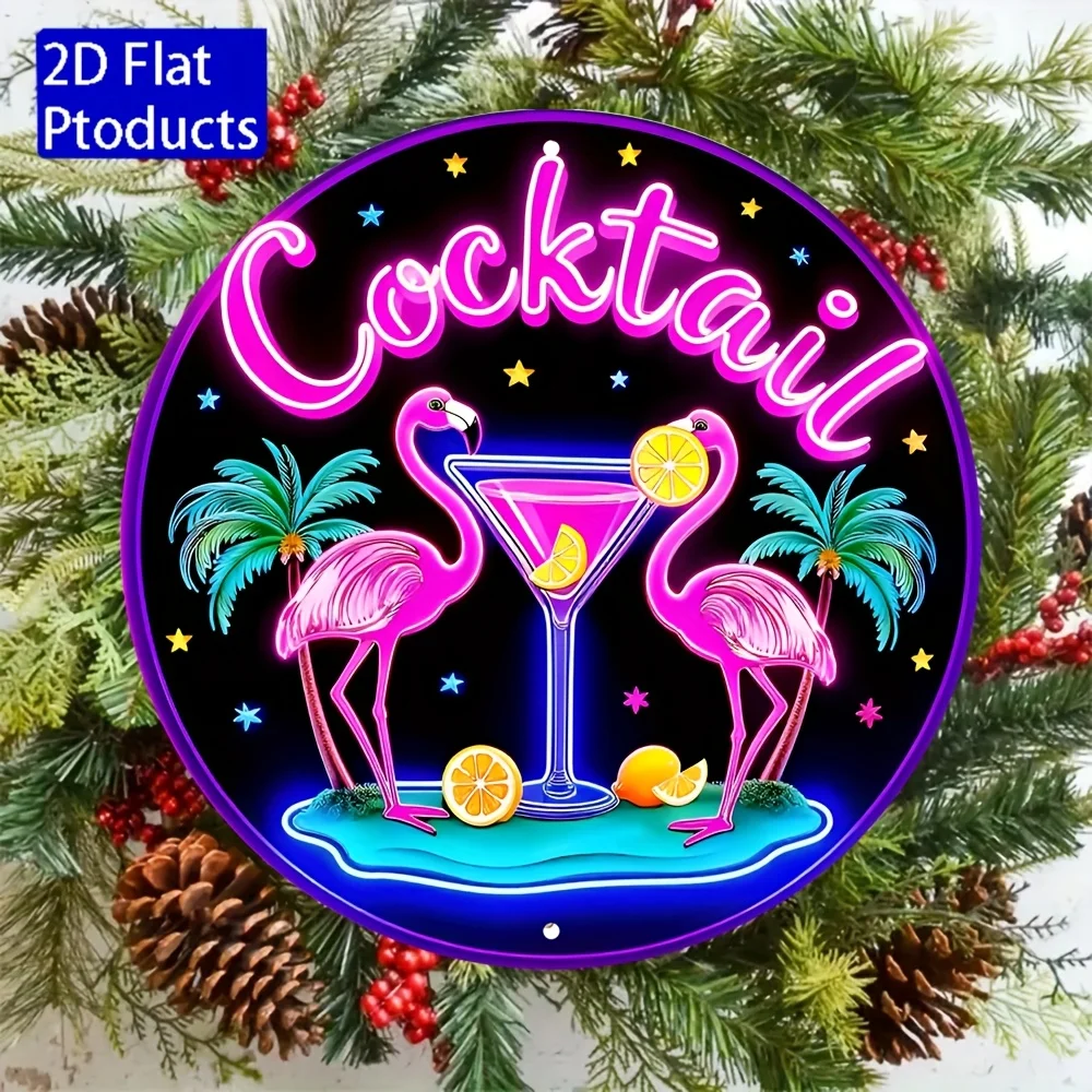 2D Flat - 1pc a 2D Flat Metal Sign Featuring a 7.8-Inch Round Neon Cocktail Design with a Flamingo And Palm Tree, Showcasing Bri